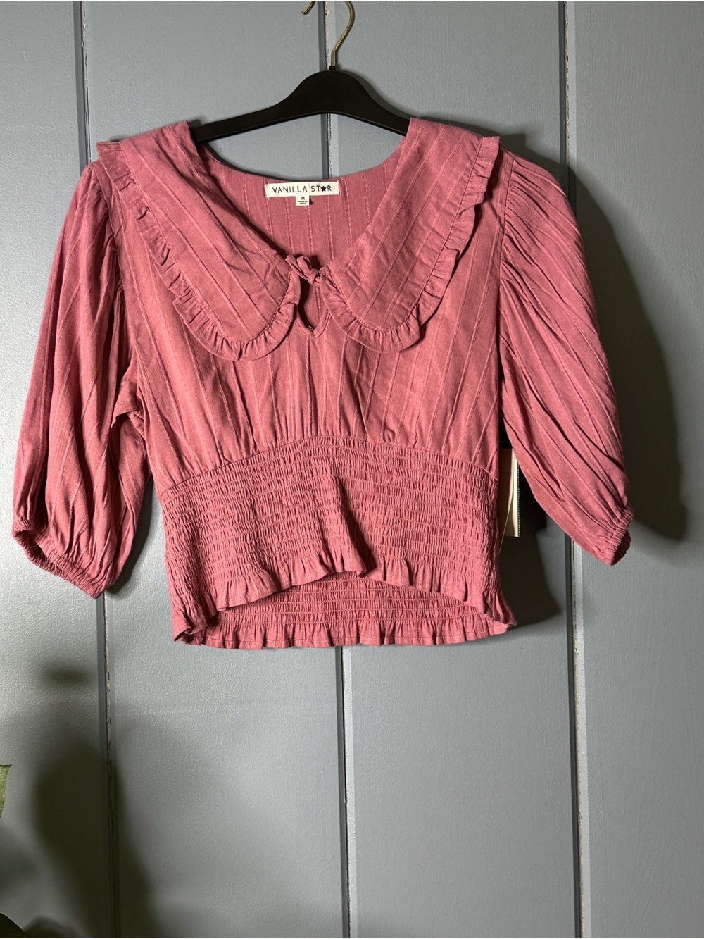 Vanilla Star Dusty Rose Smocked Peasant Blouse with Ruffled Collar